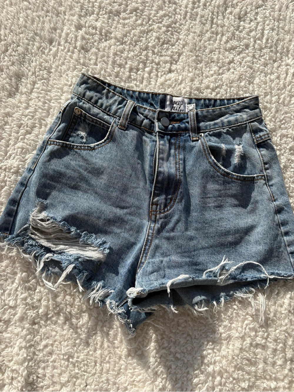Princess Polly Denim Distressed High-Waist Women's Shorts - Light Blue size 4